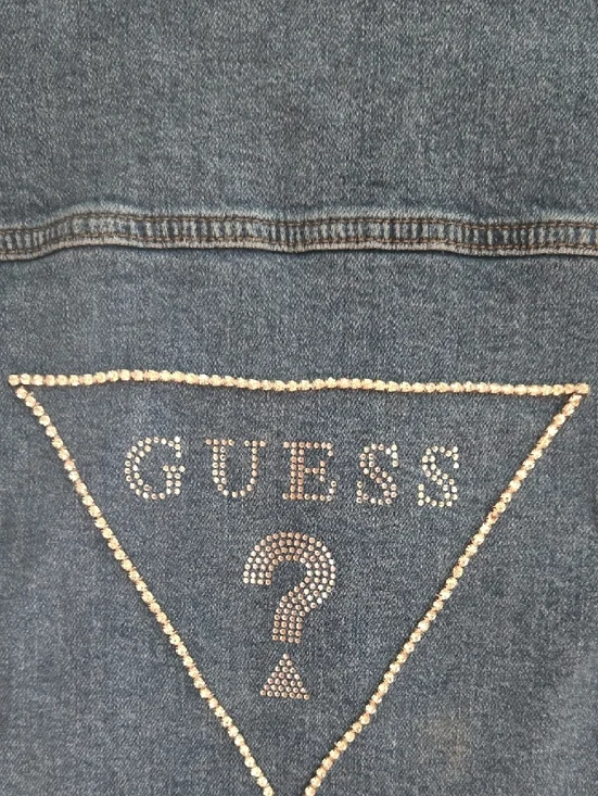 GUESS Distressed Blue Denim Jacket with Rhinestone Logo - Picture 5 of 5